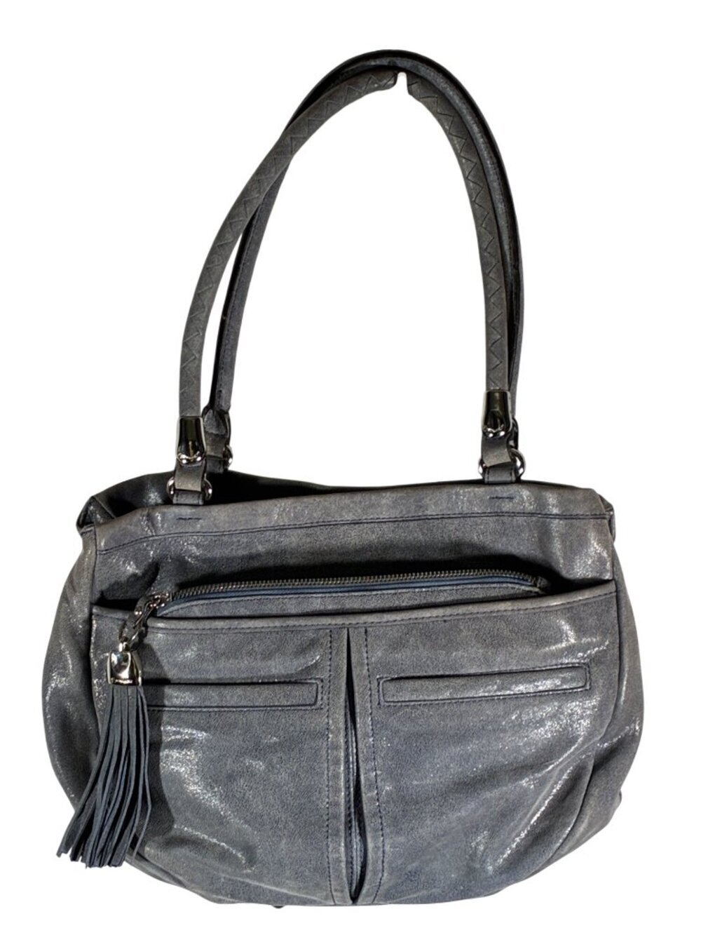 B Makowsky distressed blue shimmer Leather Shoulder Bag With Tassel & Leopard Li